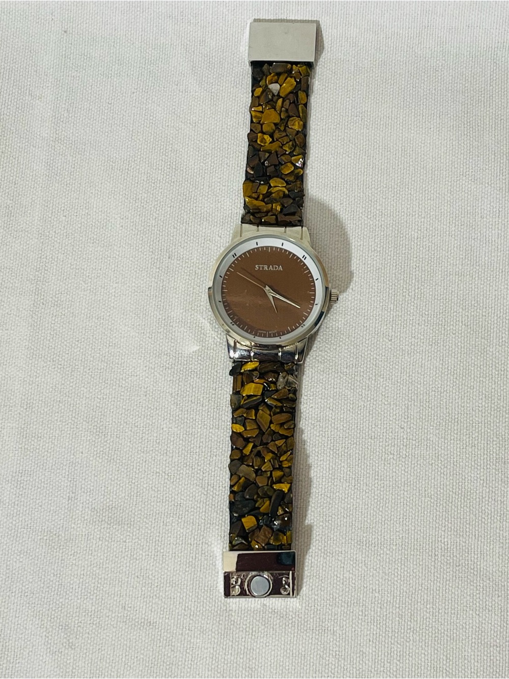 Strada Silver Case Watch with Brown Dial and Tiger Eye Bead Strap